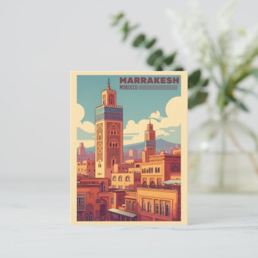 Marrakesh oud stadsgebouw met moskee briefkaart (Staand voorkant)