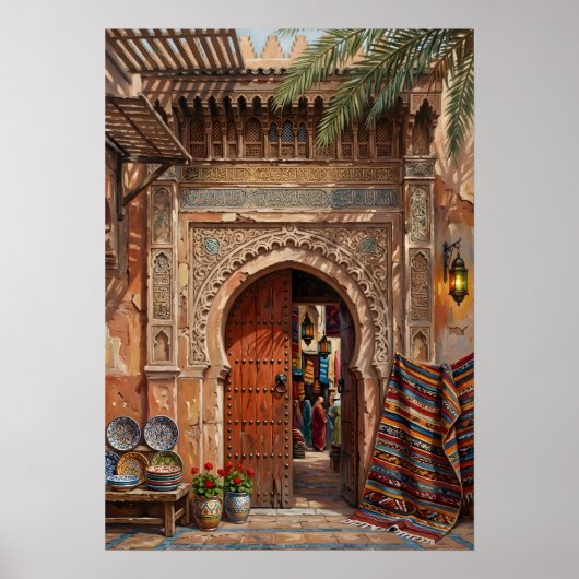 Marrakesh Souk Marktplaats Marokkaanse Deur Kunst Poster (Voorkant)