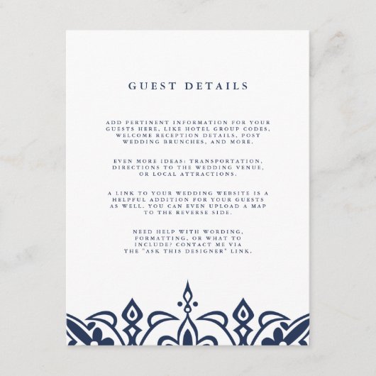 Marrakesh Wedding Guest Details Kaart | marine (Voorkant)