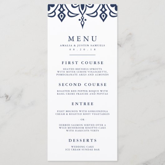 Marrakesh Wedding Menu Kaart | Marineblauw (Voorkant)