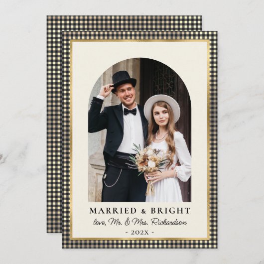 Married and Bright Arch Photo Black Gold Plaid Feestdagenkaart (Voorkant / Achterkant)