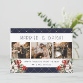 Married And Bright Blue Newlywed 3 Photo Feestdagenkaart (Staand voorkant)