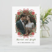 Married and Bright Red Bow Photo Christmas Feestdagenkaart (Staand voorkant)