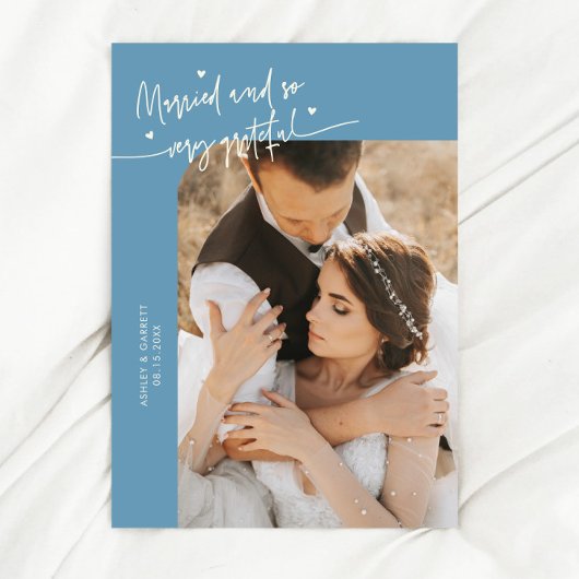 Married and Grateful Wedding Photo Denim Blue Bedankkaart