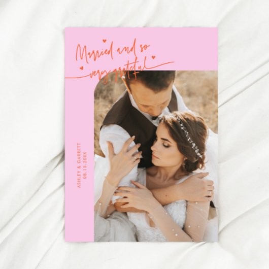 Married and Grateful Wedding Photo Orange Pink Bedankkaart