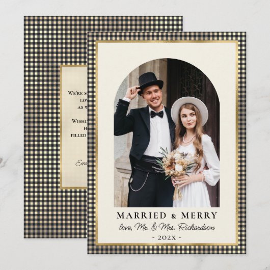 Married and Merry Arch Photo Black Gold Plaid Feestdagenkaart (Voorkant / Achterkant)
