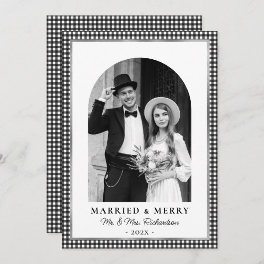 Married and Merry Arch Photo Black White Plaid Feestdagenkaart (Voorkant / Achterkant)