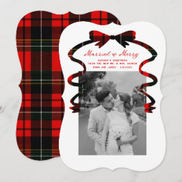 Married and Merry Bow Photo Christmas Newlyweds Feestdagenkaart