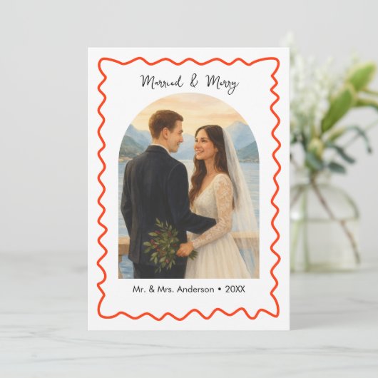  Married and Merry First Christmas Photo  Feestdagenkaart (Staand voorkant)