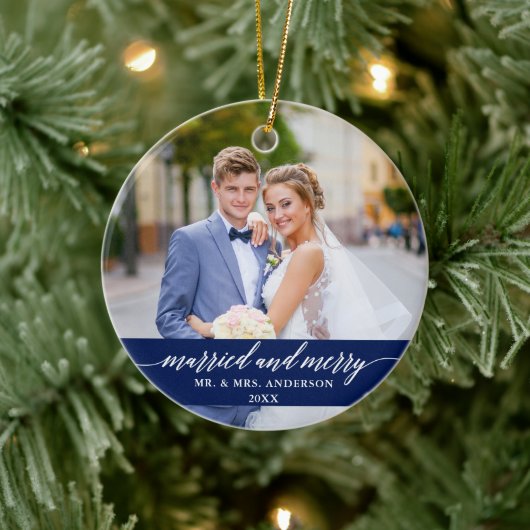 Married and Merry Wedding Blue Keramisch Ornament (Boom)