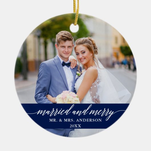 Married and Merry Wedding Blue Keramisch Ornament (Voorkant)