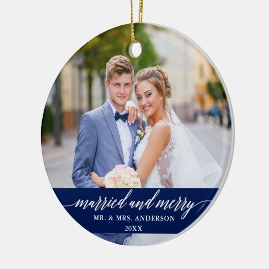 Married and Merry Wedding Blue Keramisch Ornament (Links)