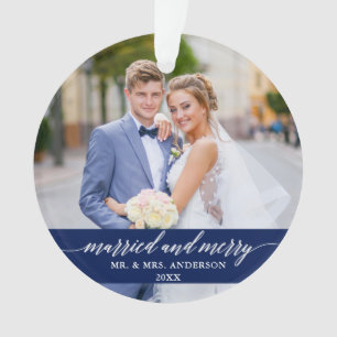 Married and Merry Wedding Blue Ornament