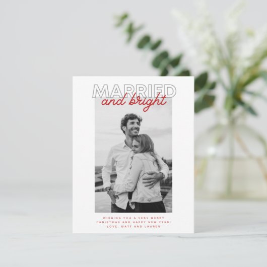 Married Bright Christmas Plaid Grey Pas getrouwd F Feestdagenkaart (Staand voorkant)