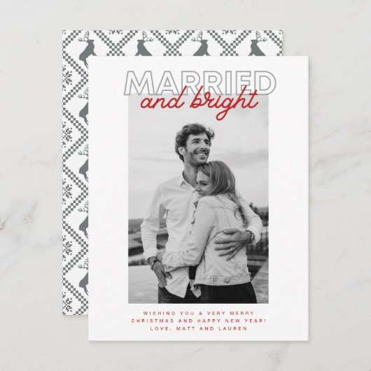Married Bright Christmas Plaid Grey Pas getrouwd F Feestdagenkaart (Voorkant / Achterkant)