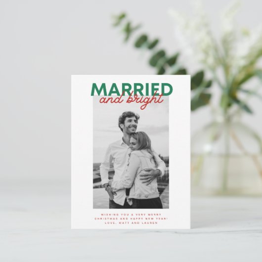 Married Bright Christmas Plaid Pas getrouwd Foto Feestdagenkaart (Staand voorkant)