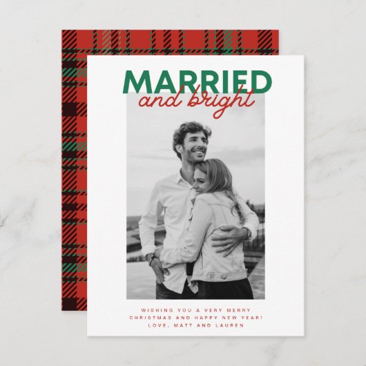 Married Bright Christmas Plaid Pas getrouwd Foto Feestdagenkaart (Voorkant / Achterkant)