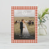 "Married & Bright" Gingham Monogram Crest 2 Photo Bedankkaart (Staand voorkant)