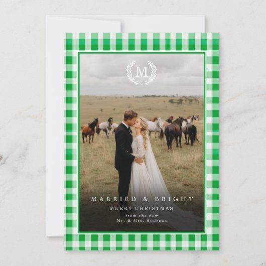 "Married & Bright" Gingham Monogram Crest 2 Photo Bedankkaart (Voorkant)