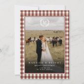 "Married & Bright" Gingham Monogram Crest 2 Photo Bedankkaart (Voorkant)