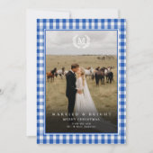 "Married & Bright" Gingham Monogram Crest 2 Photo Bedankkaart (Voorkant)