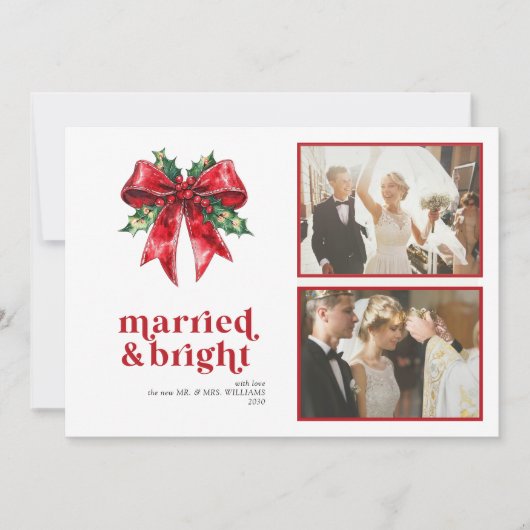 Married & Bright Red Bow Holly Pas getrouwd 2 Foto Feestdagenkaart (Voorkant)