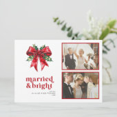 Married & Bright Red Bow Holly Pas getrouwd 2 Foto Feestdagenkaart (Staand voorkant)