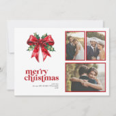 Married & Bright Red Bow Holly Pas getrouwd 3 Foto Feestdagenkaart (Voorkant)