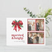 Married & Bright Red Bow Holly Pas getrouwd 3 Foto Feestdagenkaart (Staand voorkant)