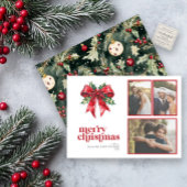 Married & Bright Red Bow Holly Pas getrouwd 3 Foto Feestdagenkaart