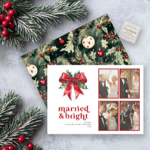 Married & Bright Red Bow Holly Pas getrouwd 4 Foto Feestdagenkaart