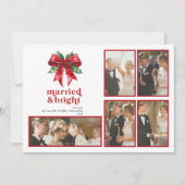 Married & Bright Red Bow Holly Pas getrouwd 5 Foto Feestdagenkaart (Voorkant)