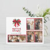 Married & Bright Red Bow Holly Pas getrouwd 5 Foto Feestdagenkaart (Staand voorkant)