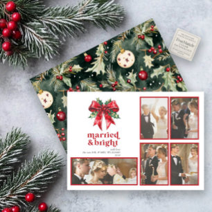 Married & Bright Red Bow Holly Pas getrouwd 5 Foto Feestdagenkaart
