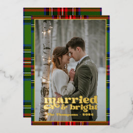 Married & Bright Tartan Plaid Passen getrouwd Kers Folie Feestdagenkaart