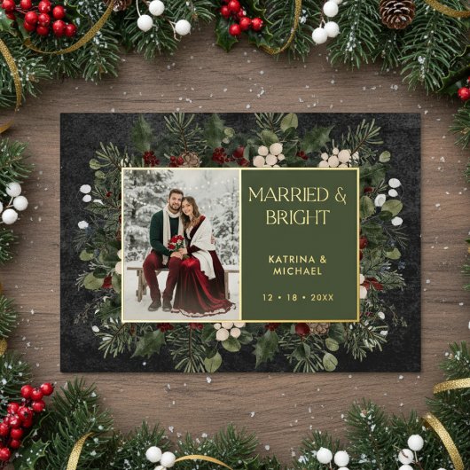 Married & Bright Winter Berries & Pine Black Photo Folie Feestdagenkaart