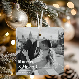 Married & Merry | Elegant Black & White Photo Gift Keramisch Ornament