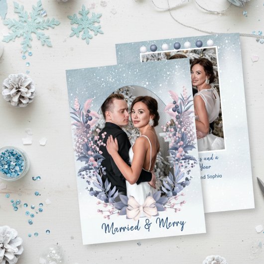 Married & Merry Holiday Kaart – Roze winterbladere