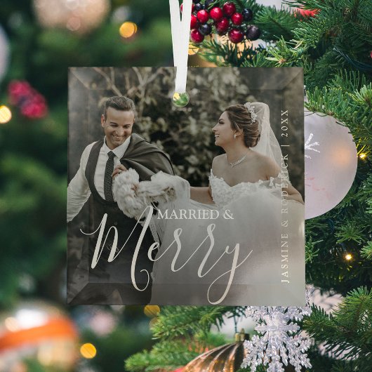 Married & Merry Modern Mr & Mrs Foto Glas Ornament