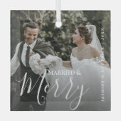 Married & Merry Modern Mr & Mrs Foto Glas Ornament (Voorkant)