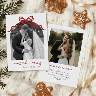 Married & Merry Red Bow Arch Photo Christmas Feestdagenkaart