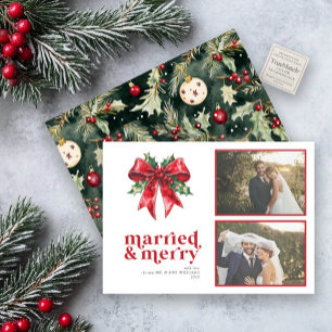 Married & Merry Red Bow Holly Pas getrouwd 2 Foto Feestdagenkaart