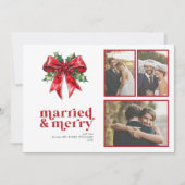 Married & Merry Red Bow Holly Pas getrouwd 3 Foto Feestdagenkaart (Voorkant)