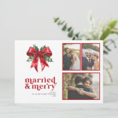 Married & Merry Red Bow Holly Pas getrouwd 3 Foto Feestdagenkaart (Staand voorkant)