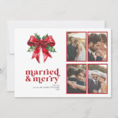 Married & Merry Red Bow Holly Pas getrouwd 4 Foto Feestdagenkaart (Voorkant)