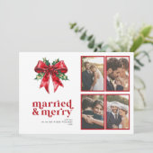 Married & Merry Red Bow Holly Pas getrouwd 4 Foto Feestdagenkaart (Staand voorkant)