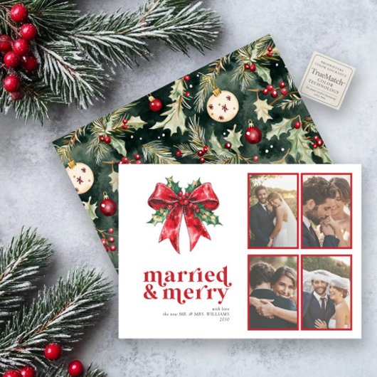 Married & Merry Red Bow Holly Pas getrouwd 4 Foto Feestdagenkaart