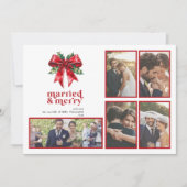 Married & Merry Red Bow Holly Pas getrouwd 5 Foto Feestdagenkaart (Voorkant)