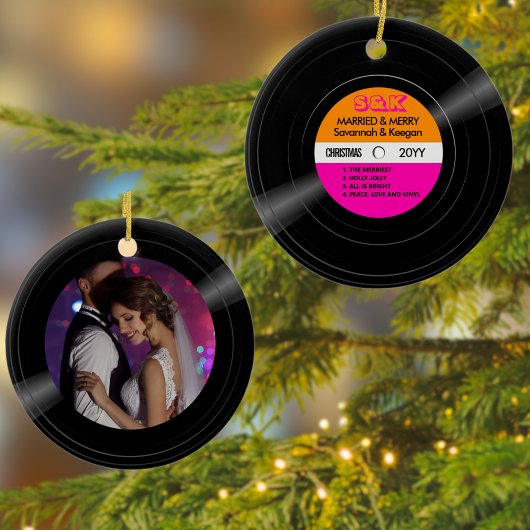 Married & Merry Vinyl Record Roze Sinaasappel Foto Keramisch Ornament