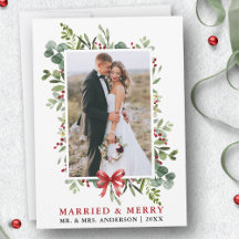 Married & Merry Watercolor Greenery Red Bow